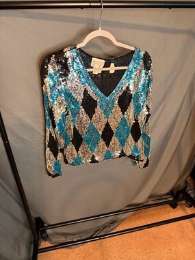 Sequin Argyle V-Neck Blouse in Teal, Black & silver